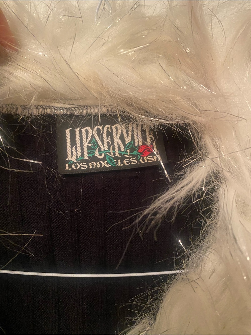 Vintage Y2K Lip Service Black Ribbed Zip Cardigan with with lurex Faux Fur Trim - Picture 3 of 7